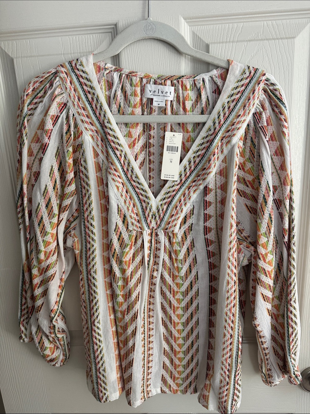 Velvet by Graham & Spencer White Multi-Stripe V-Neck Peasant Blouse